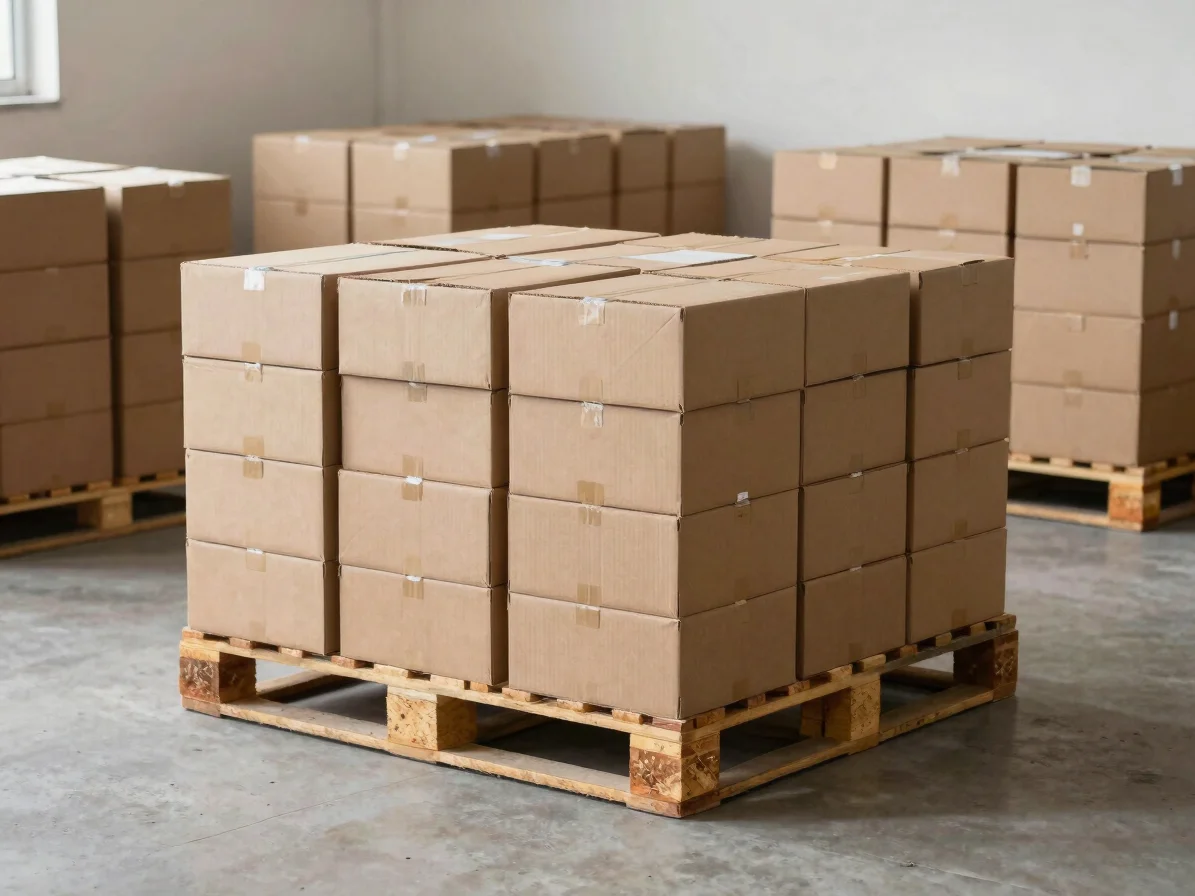 Editorial still life of neatly stacked, palletized bulk cartons on a neutral concrete floor, soft natural daylight, 35mm