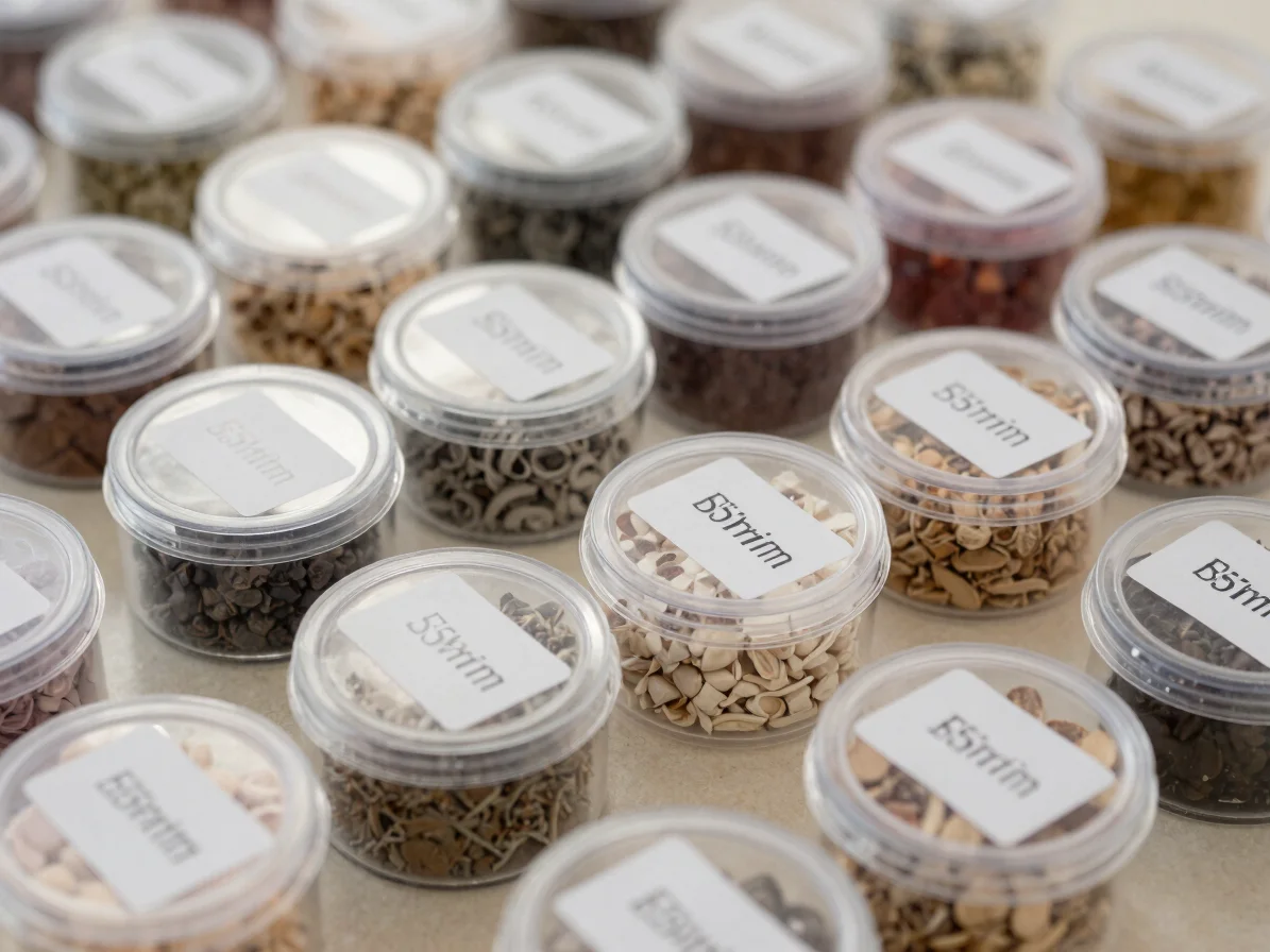 Close detail of graded commodity samples in clear labeled containers on a warm neutral surface, crisp detail, soft natur