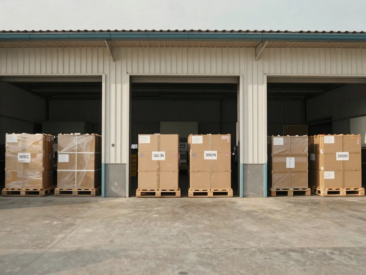 Documentary view of a loading bay with labeled pallets staged for scheduled dispatch, soft natural daylight, restrained
